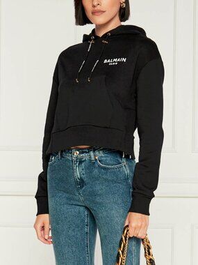 Balmain Black Cropped Cotton Logo Hoodie